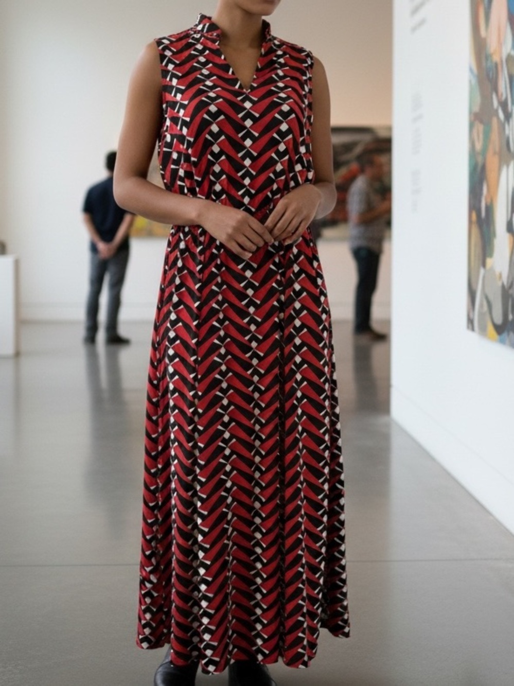 Anne Klein Red and Black Geometric Sleeveless Maxi Dress